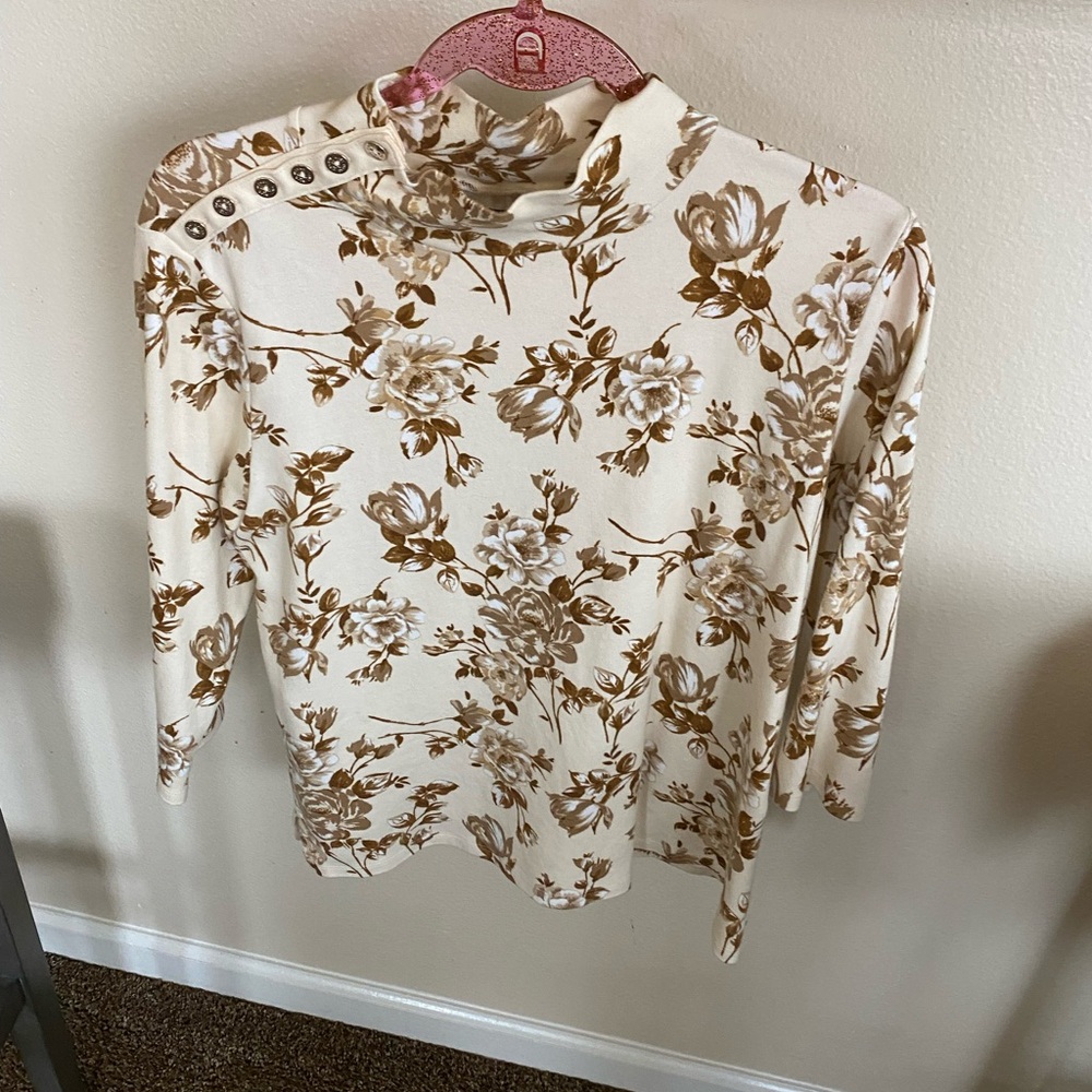 Isaac Mizrahi Cream and Brown Floral Long Sleeve Top